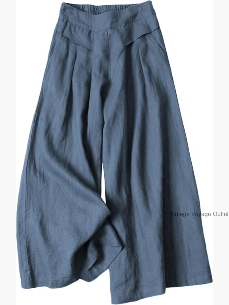 Wide Leg Culottes Pants, Cotton Linen, Elastic Waist, Palazzo Trousers